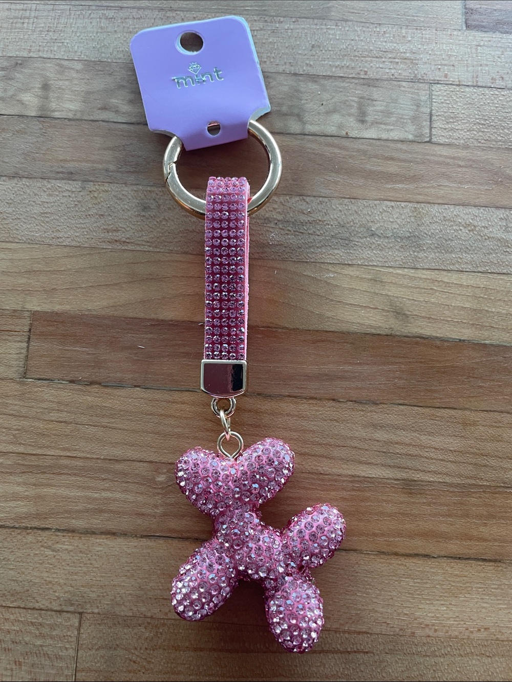 Mint Pink Crystal Balloon Dog Keychain Wristlet